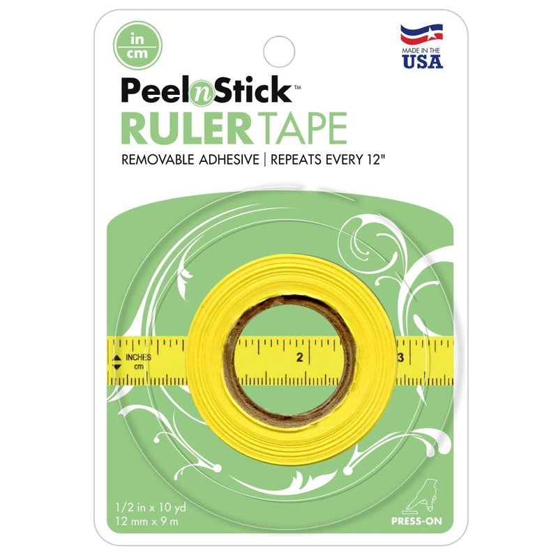 iCraft PeelnStick Removable Adhesive Ruler Tape, 12 inch Repeating Imperial (inch) + Metric (cm) Measurements, Yellow, Easy Tear Perforations Every 12in, roll is 1/2 in x 10 yds - Image 1